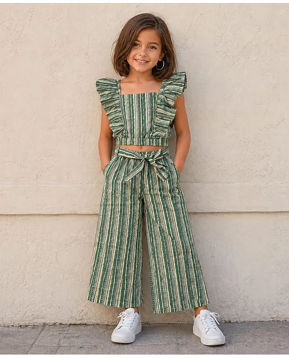 Cotton Woven Sleeveless Striped Coordinating Top & Pants Set - Sea Green